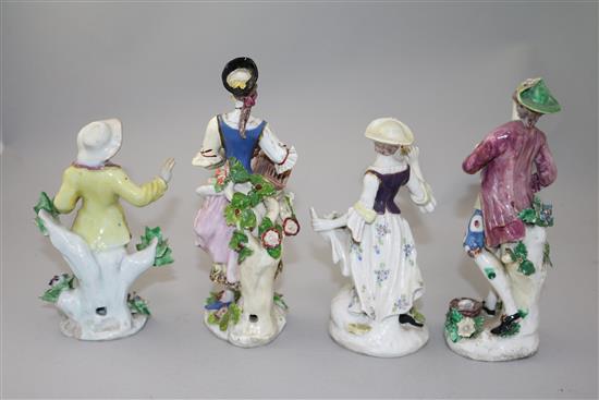 Four Bow porcelain figures, restored, c.1758-62,